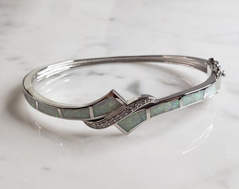 Womens Estate Sterling Silver Modernist Opal Bangle Bracelet 17.1g E4031