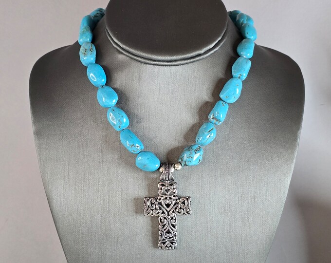 Womens Estate Sterling Silver Cross Pendant Turquoise Necklace 75.0g E7674
