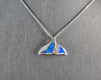 Women Sterling Silver Blue Opal Modernist Whale Tail Pendant Necklace 5.1g E3313