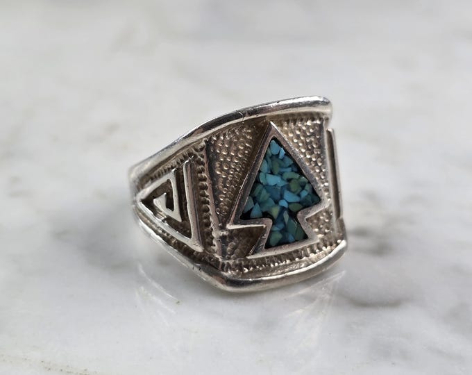 Mens Vintage Estate Sterling Silver Mosaic Turquoise Arrowhead Ring 13.4g E5552