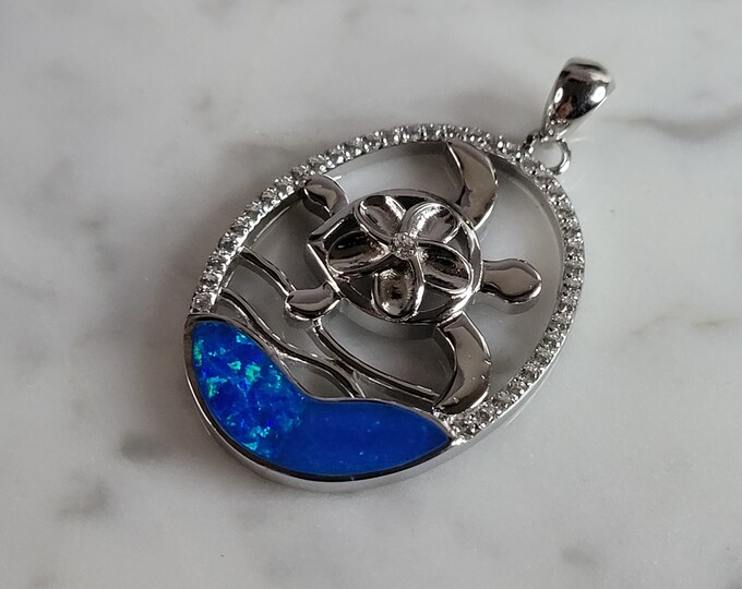 Womens Sterling Silver Blue Opal Sea Turtle Pendant 5.3g E6737