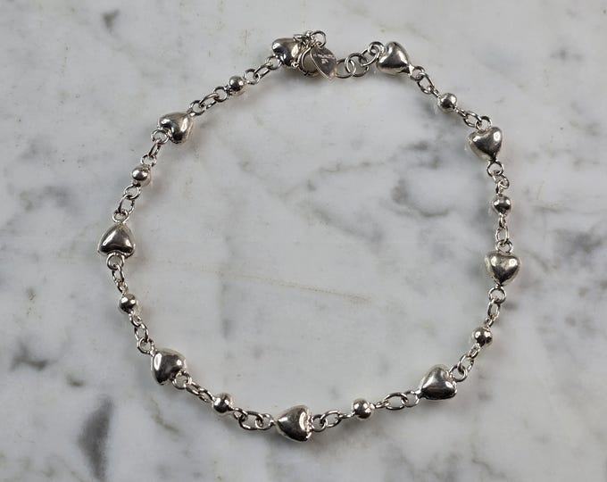 Womens Vintage Estate Sterling Silver Heart Anklet Bracelet 7.3g E3815
