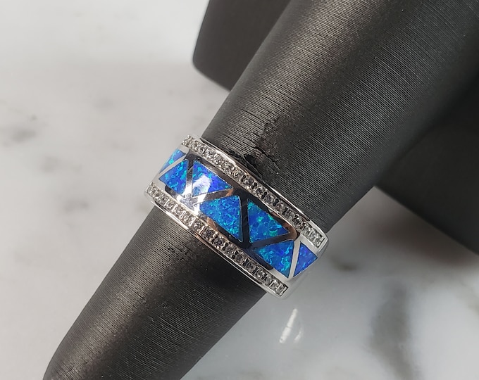 Womens Estate Sterling Silver Modernist Blue Opal & CZ Ring 5.2g E1411