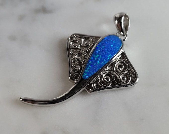 Womens Sterling Silver Blue Opal Manta Stingray Pendant 6.4g E3727