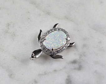 Womens Sterling Silver Opal Sea Turtle Pendant 3.8g E6110