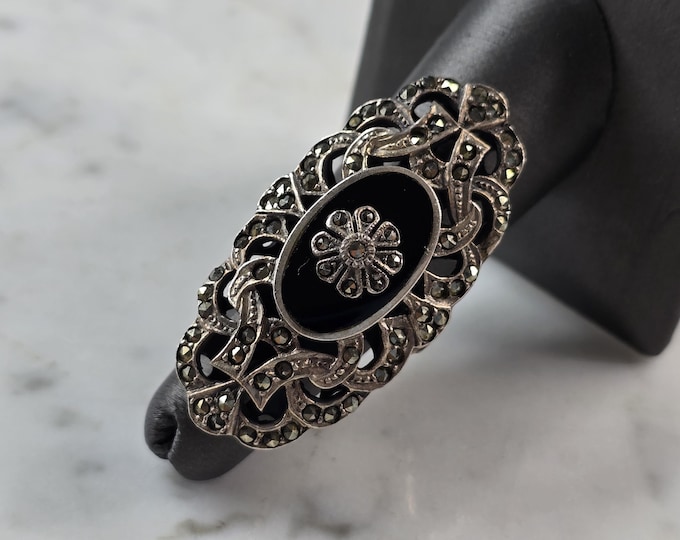 Womens Vintage Estate Sterling Silver Art Deco Onyx Ring 19.3g E4987