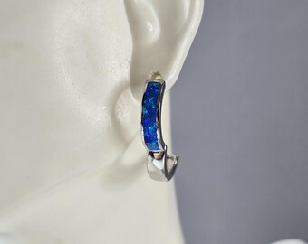 Womens Sterling Silver Modernist Blue Opal Hoop Earrings 5.2g E2320