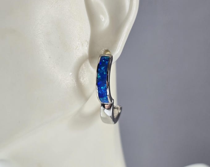 Womens Sterling Silver Modernist Blue Opal Hoop Earrings 5.2g E2320