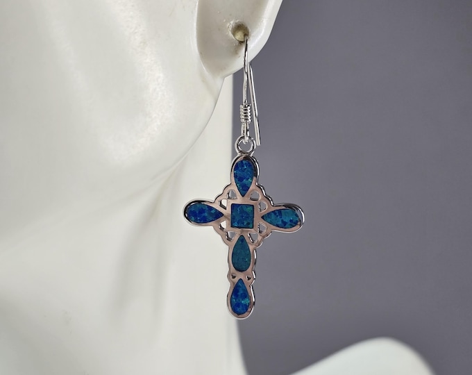 Womens Sterling Silver Blue Opal Cross Earrings 4.2g E3163