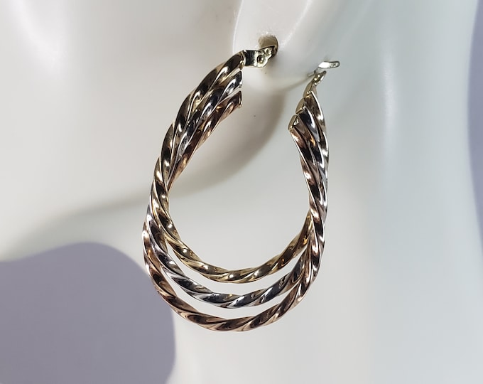 Womens Vintage Estate 14K Multi Tone Gold Hoop Earrings 3.6g E2933