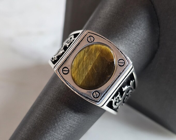 Mens Estate Sterling Silver Modernist Tigers Eye Ring 12.3g E4496