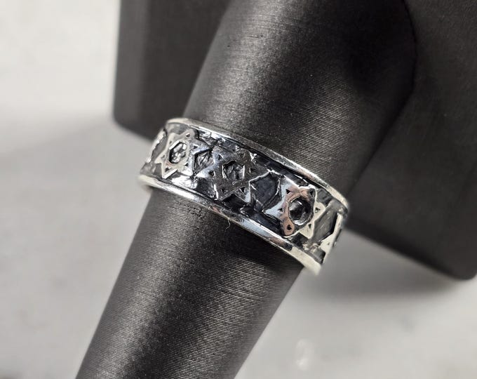 Mens Vintage Estate Sterling Silver Jewish Star of David Band Ring 7.3g, E4342