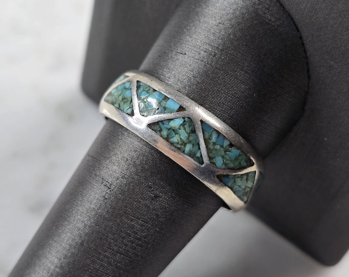 Mens Vintage Estate Sterling Silver Turquoise Modernist Band Ring 5.3g E3494