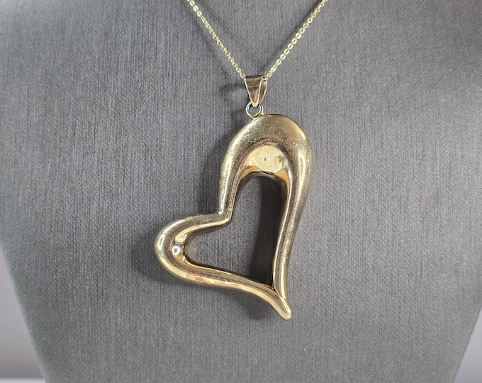 Womens Estate Sterling Silver Gold Tone Heart Pendant Necklace 11.9g E805