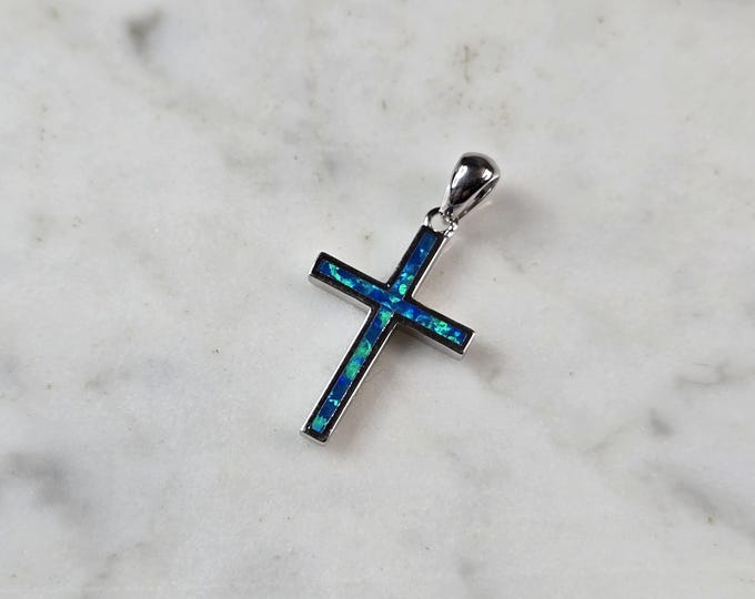Womens Sterling Silver Blue Opal Religious Cross Pendant 1.7g E845