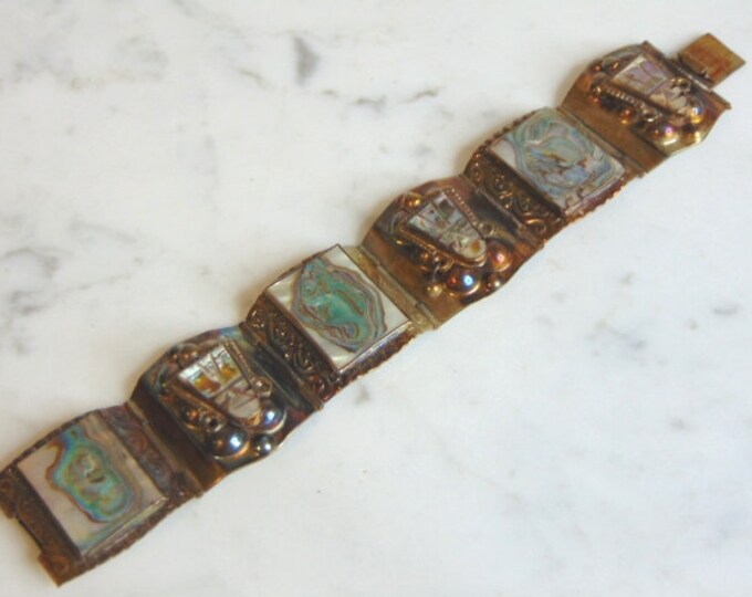 Womens Vintage Estate Sterling Silver Abalone Bracelet 54g E5605