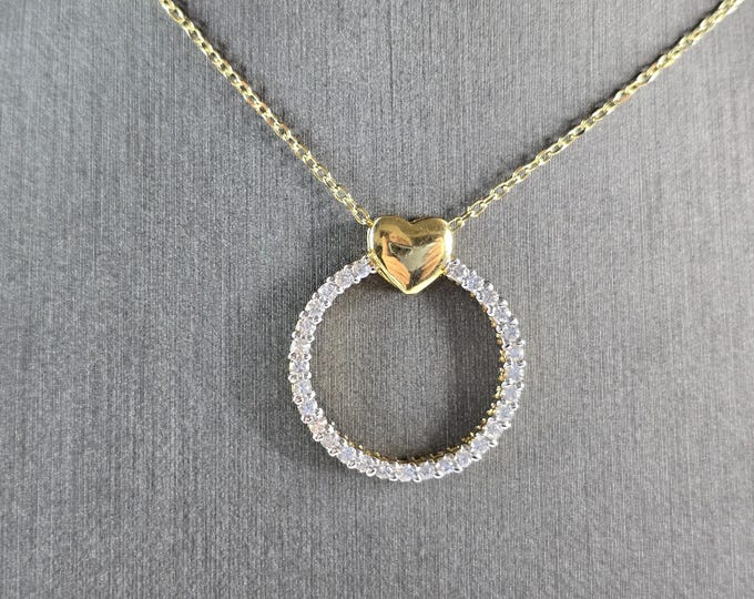 Womens Sterling Silver Gold Tone CZ Heart Eternity Pendant Necklace 4.3g E3757