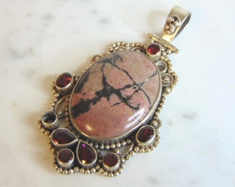 Womens Vintage Estate Sterling Silver Rhodonite Pendant 39.5g E5661