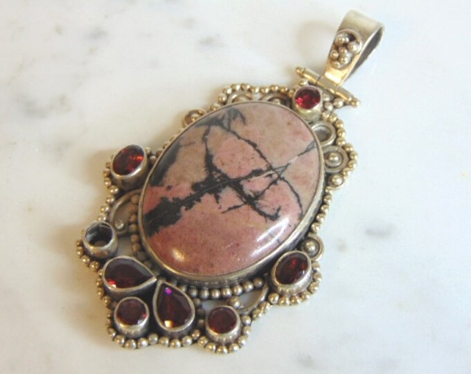 Womens Vintage Estate Sterling Silver Rhodonite Pendant 39.5g E5661