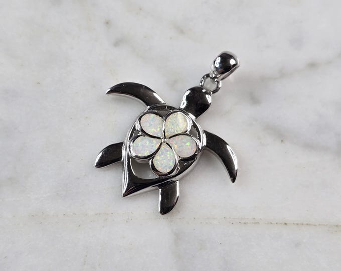 Womens Sterling Silver Opal Sea Turtle Plumeria Pendant 3.7g E2308