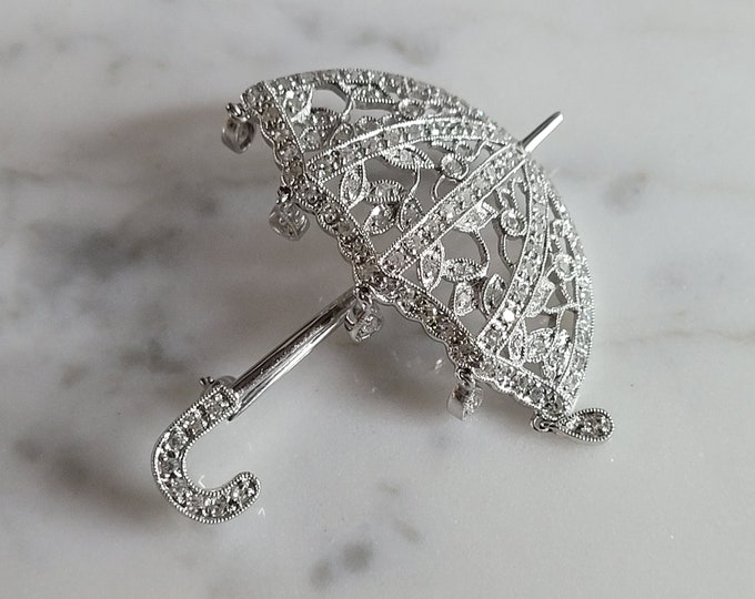 Women Vintage Estate 14k White Gold Diamond Parasol Umbrella Brooch 6.9g E7083