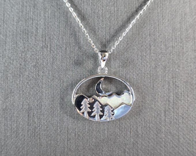 Womens Sterling Silver Opal Mountain Moon Tree Pendant Necklace 5.4g E3649