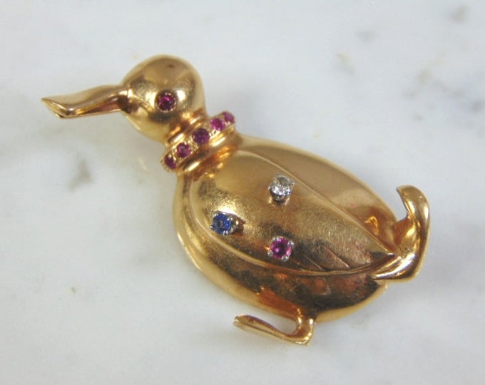 Attractive Vintage Estate 14K Yellow Gold Duck Brooch w/ Gemstones, 14.5g E1878