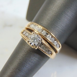 Juego de anillos de compromiso con diamantes y oro amarillo de 10 quilates Vintage Estate para mujer, 6,6 g E3557