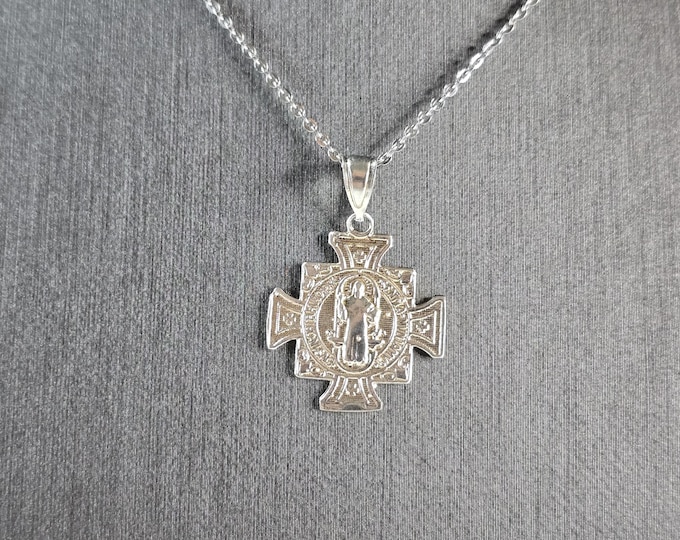 Womens Sterling Silver Religious St Benedict Cross Pendant Necklace 2.9g E1660