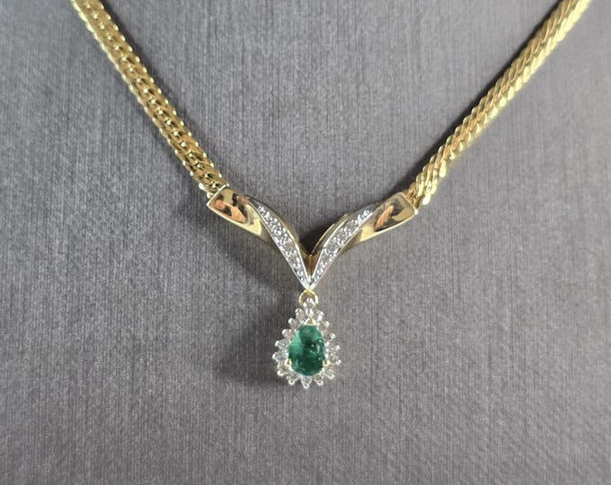 Womens Vintage Estate 14K Gold Necklace w/ Diamond Emerald Pendant 8.3g E5122