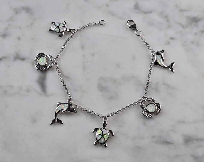 Womens Sterling Silver Opal Dolphin Turtle Crab Charm Bracelet 7.7g E3127