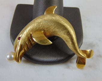 Womens Vintage Estate 18k Gold Dolphin Brooch 20.1g #E761