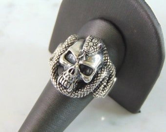 Mens Vintage Estate Sterling Silver Skull & Snake Ring 20.5g E5112