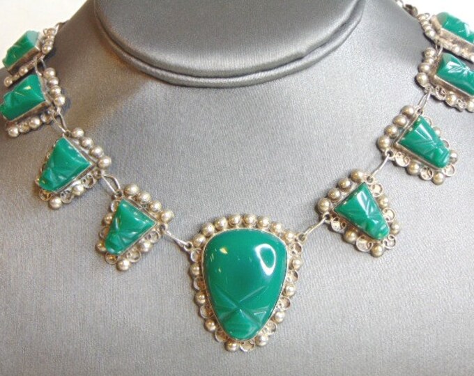 Womens Vintage Estate Sterling Silver Aventurine Stone Necklace 43.6g E5034