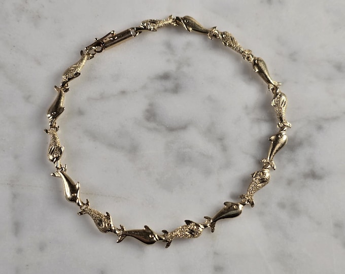 Womens Vintage Estate 14K Yellow Gold Dolphin Bracelet 5.6g E4399