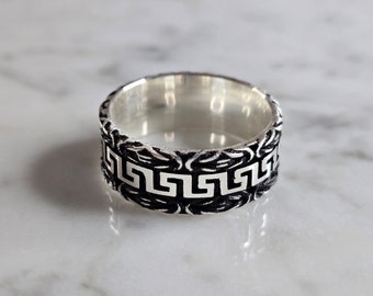 Mens Estate Sterling Silver Greek Key Band Ring 8.2g E7846