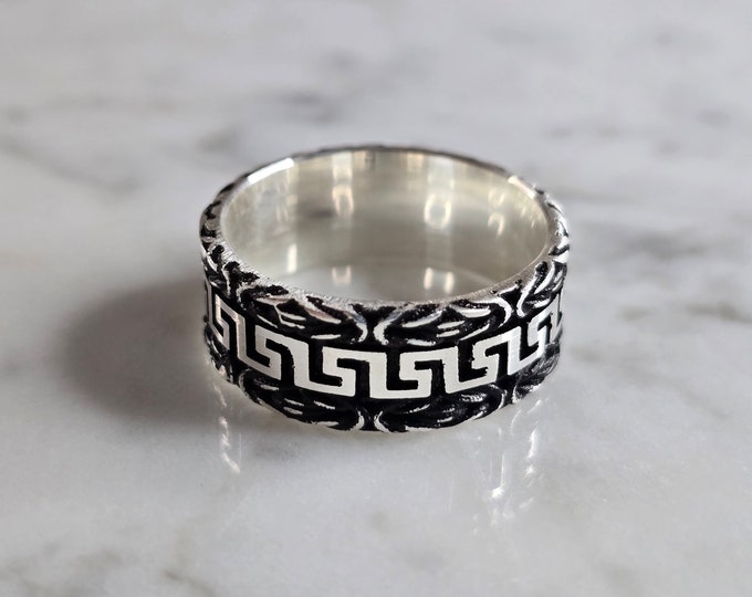 Mens Estate Sterling Silver Greek Key Band Ring 8.2g E7846