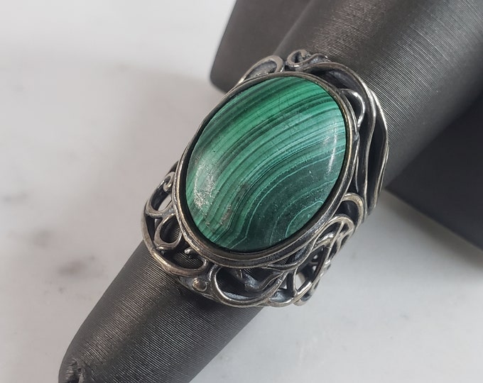 Womens Vintage Estate Sterling Silver Malachite Israel Ring 10.1g E6159