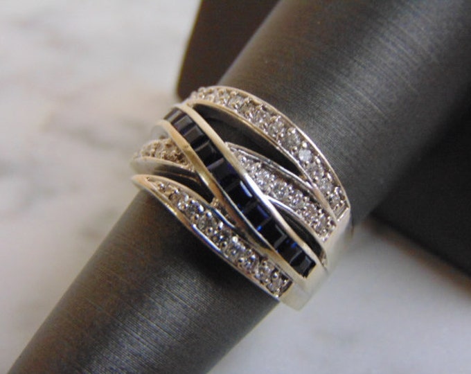 Womens Vintage Estate 14K White Gold Sapphire & Diamond Ring, 7.4g E3847