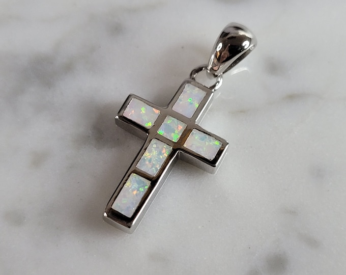 Womens Sterling Silver Opal Religious Cross Pendant 1.8g E842