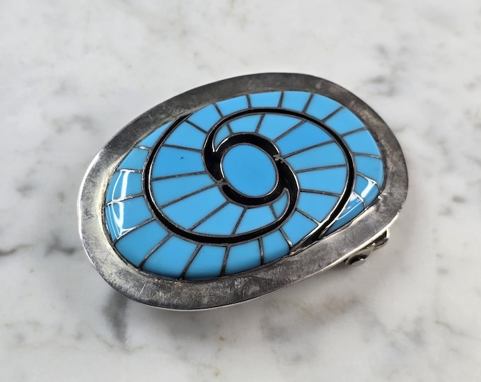 Vintage Sterling Silver Native American Zuni Turquoise Belt Buckle 46.8g E614