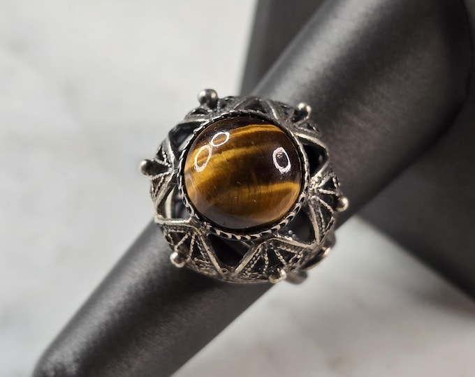Womens Vintage Estate Sterling Silver Tigers Eye Cocktail Ring 7.1g E4110