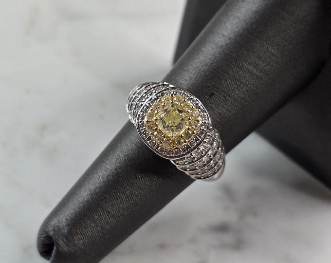 Womens Vintage Estate 18K White Gold Yellow Diamond Ring, 7.1g E5588