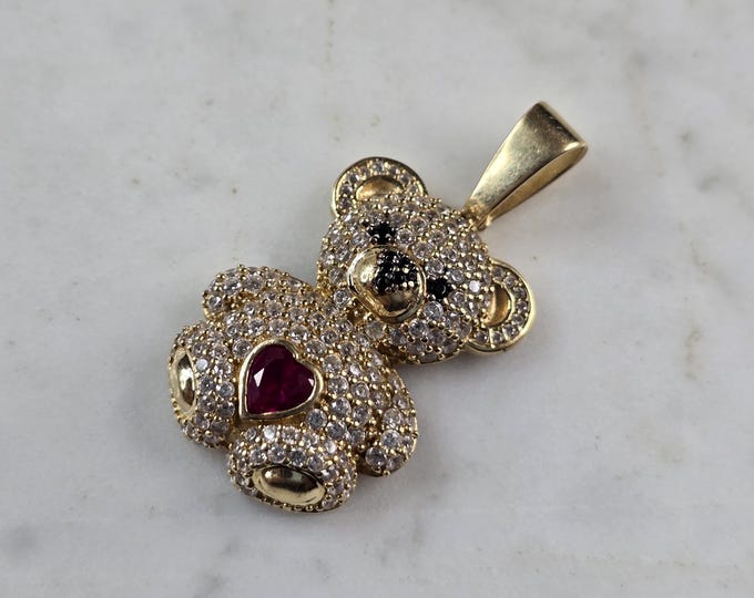 Womens Vintage Estate 14K Gold CZ Teddy Bear Heart Pendant 6.1g E6833