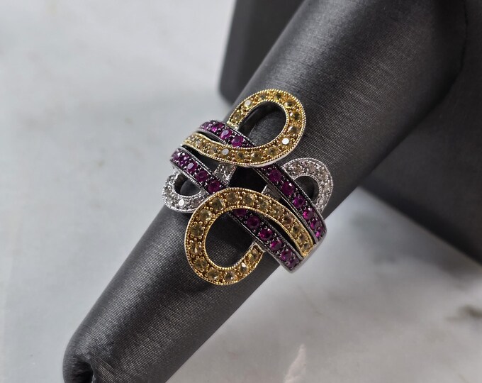 Womens Vintage Estate 14K White Gold Modernist Topaz & Diamond Ring 5.3g E6555