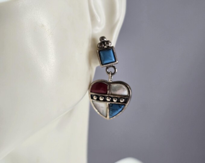 Womens Estate Sterling Silver Southwestern Turquoise Heart Earrings 7.2g E5877
