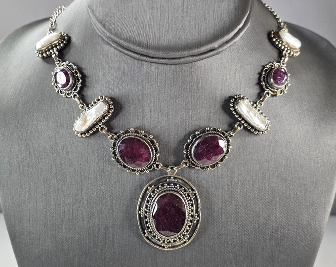 Womens Estate Sterling Silver Natural Ruby Pearl Pendant Necklace 50.2g E7509