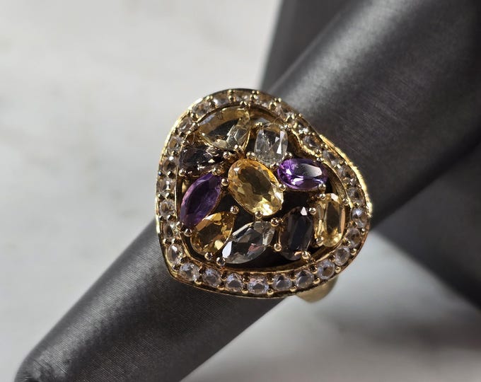 Womens Sterling Silver Gold Tone Modernist Multi Stone Heart Ring 7.1g E1430