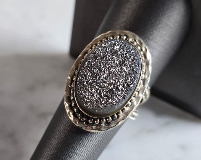 Womens Vintage Estate Sterling Silver Druzy Stone Ring 7.1g E7267