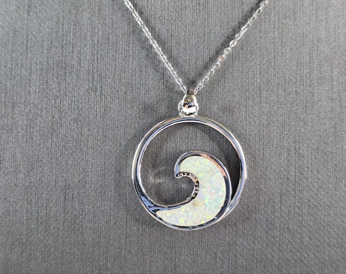Womens Sterling Silver Opal Wave Pendant Necklace 6.6g E3472